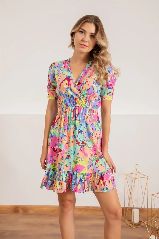 Printed Mini Dress With Gathered Sleeves - Blue Elegant Tulle Mini Dress