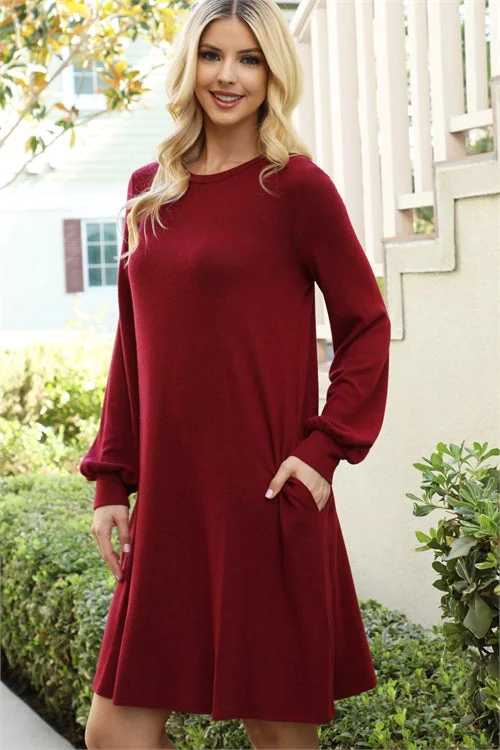 Puff Long Sleeve Mini Dress - Scarlet Casual V-Neck Mini Dress
