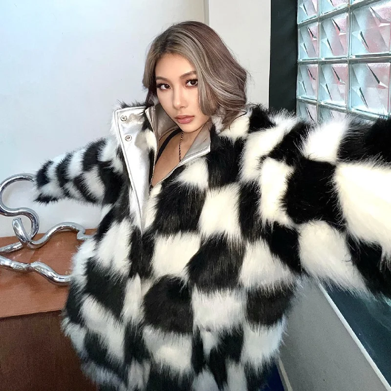 Quin Checkered Fur Silver Unicorn Blood Jacket Hoodie Zip-Up Jacket Button-Up Jacket