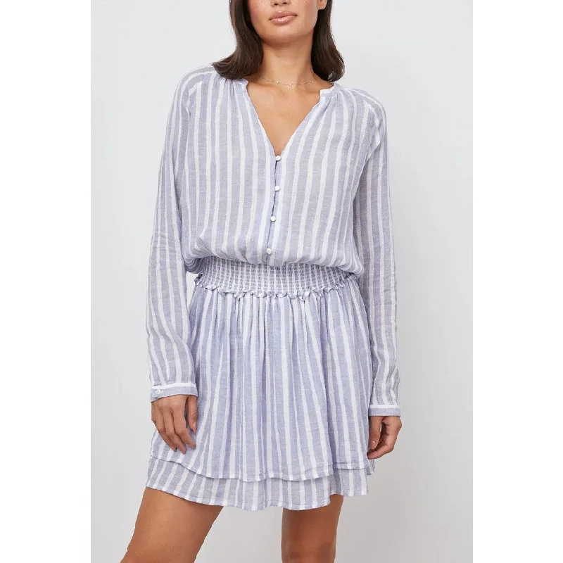 RAILS Jasmine Mini Dress XS Blue White Rhone Stripe V Neck Linen Blend NWT Cozy Long Sleeve Mini Dress
