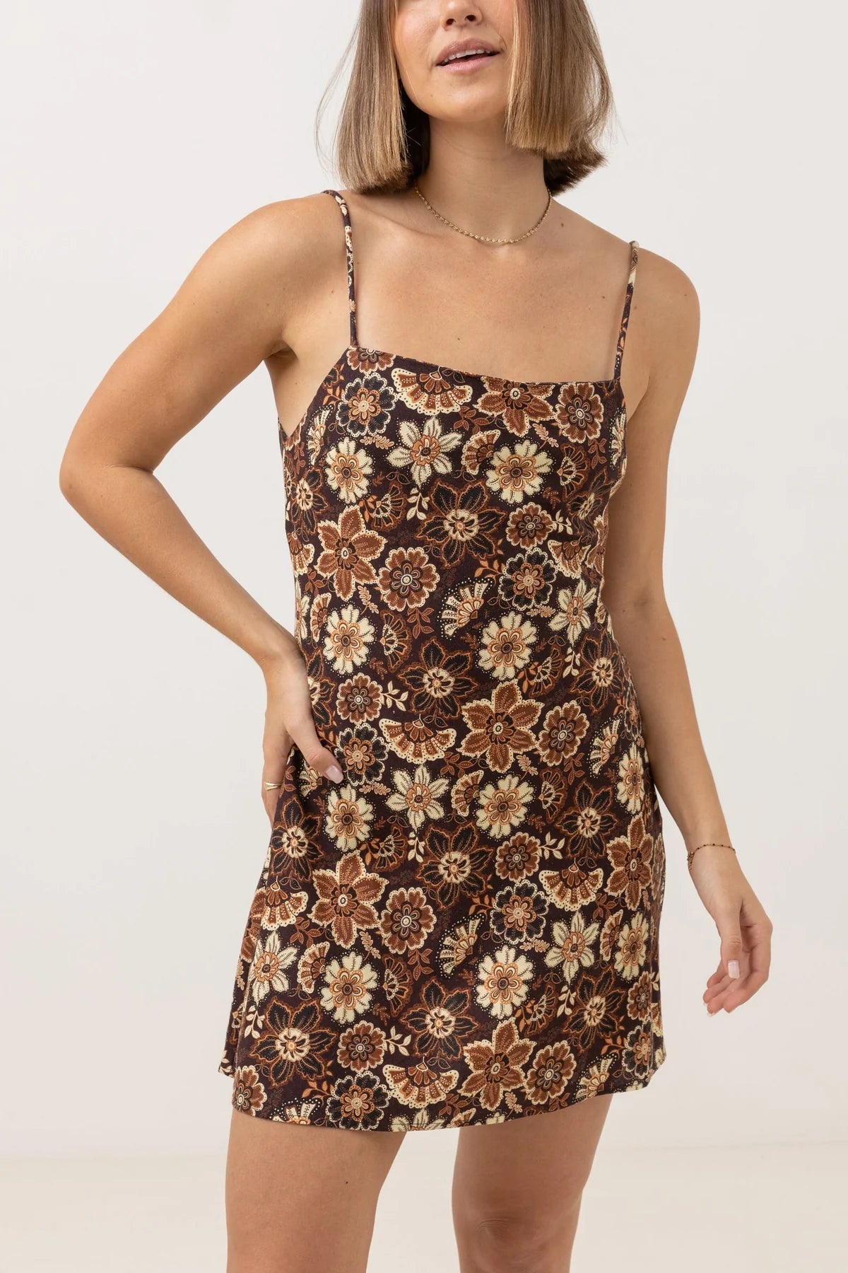 RHYTHM Women's Cantabria Floral Bias Mini Dress Brown Classic Casual Mini Dress