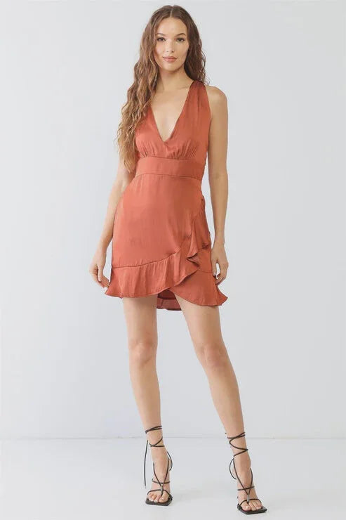 RUST SATIN SLEEVELESS V-NECK MINI DRESS Comfortable Shift Mini Dress