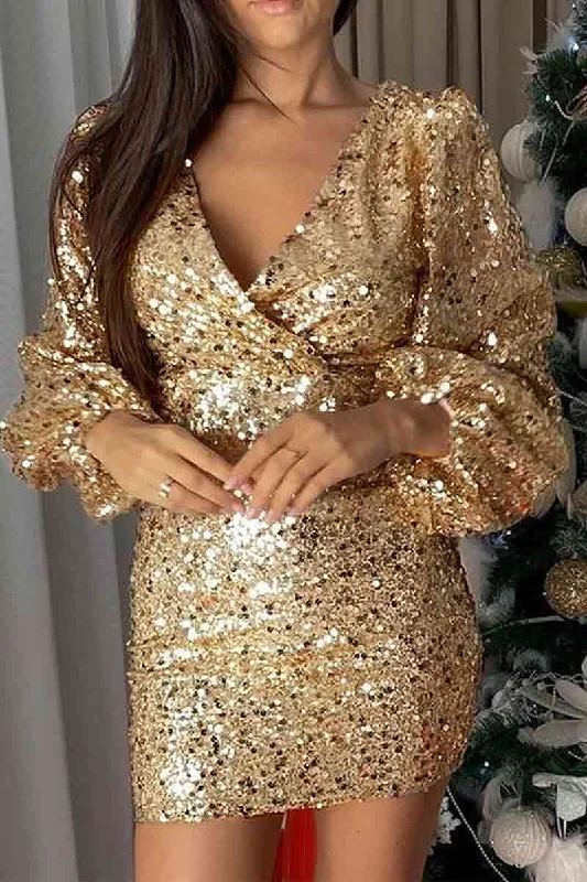 Long Sleeve V-Neck Sequin Waisted Hip Mini Dress Fashionable Mini Dress with Slits