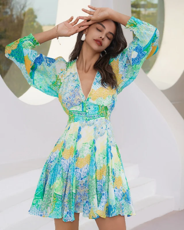 Seraphina Green Boho Godet Mini Dress Trendy Denim Mini Dress