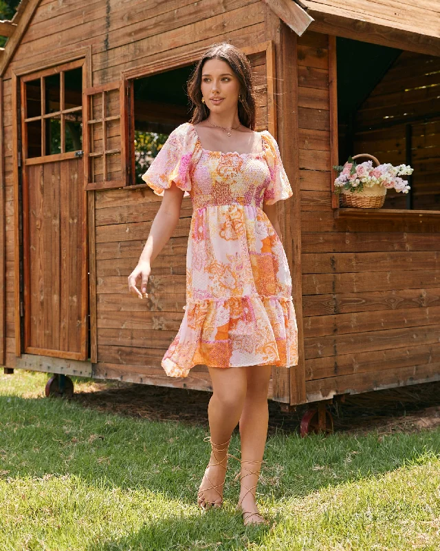 Serenity Orange Pink Boho Puff Sleeves Mini Dress Casual Mini Dress with Pockets
