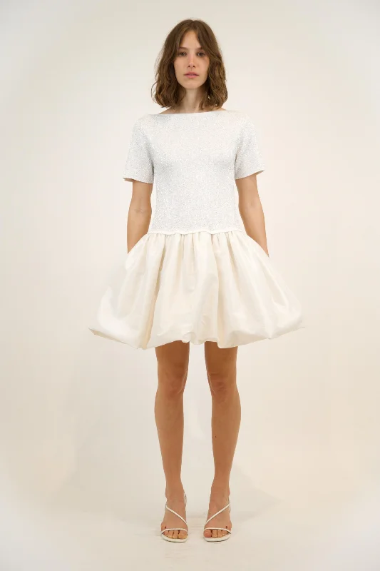 SIMKHAI - Kenz Knit Ruffle Mini Dress in Ivory Stylish Short Sleeve Mini Dress