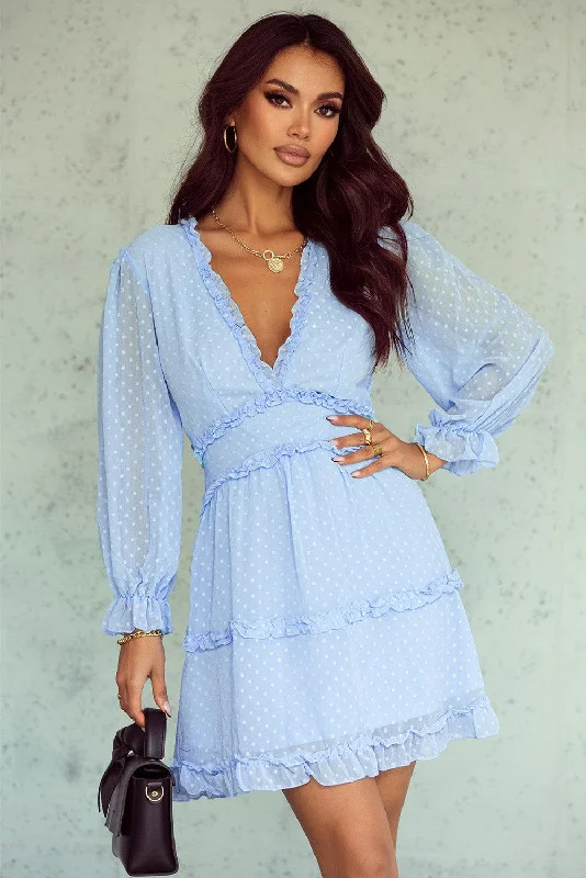 Sky Blue Layered Ruffled Open Back Puff Sleeve Swiss Dot Mini Dress Elegant Velvet Mini Dress Sky Blue Layered Ruffled Open Back Puff Sleeve Swiss Dot Mini Dress Elegant Velvet Mini Dress