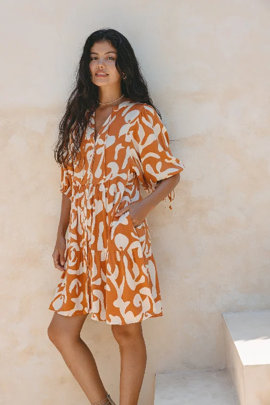 Solange Rust Orange Abstract Button Down Mini Dress Fashionable A-Line Mini Dress