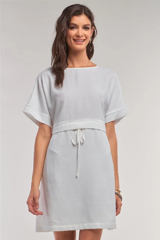 Off-white Short Sleeve Relaxed Fit Draw String Tie Waist Detail Mini Dress Comfortable Linen Mini Dress