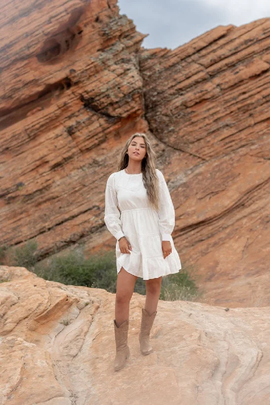 Tailee Long Sleeve Mini Dress in White Chic Pleated Mini Dress