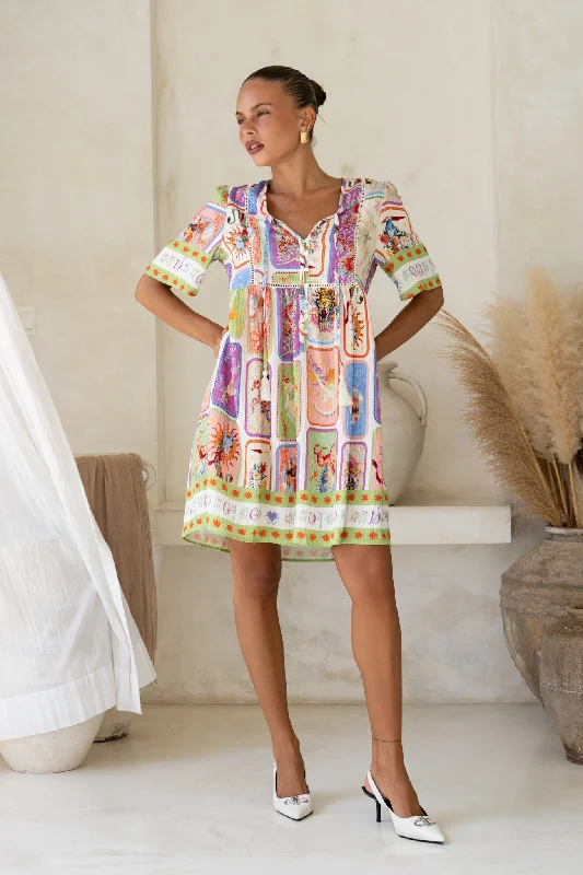 Tarot Multicolour Abstract V-Neck Mini Dress Comfortable Ruffle Mini Dress