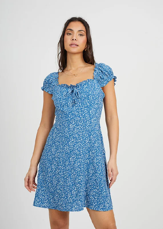 TIE FRONT SHORT SLEEVED FLORAL MINI DRESS Classic Floral Mini Dress