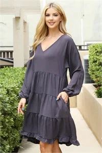 Tiered Long Sleeve Mini Dress - Dk Gray Chic Halter Mini Dress