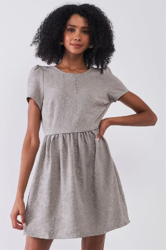 Silver Grey Floral Embroidery Round Neck Short Sleeve Mini Dress Stylish Short-Sleeve Mini Dress