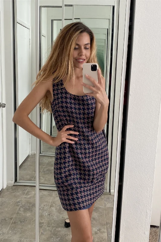 Multi Houndstooth Pattern Sleeveless Mini Dress Classic Floral Mini Dress