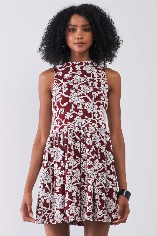 Burgundy & White Floral Crew Neck Sleeveless Fitted Mini Dress Trendy Mesh Mini Dress Burgundy & White Floral Crew Neck Sleeveless Fitted Mini Dress Trendy Mesh Mini Dress