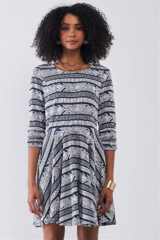 Navy & White Multi Print Round Neck 3/4 Sleeve A-line Mini Dress Trendy Tulle Mini Dress Navy & White Multi Print Round Neck 3/4 Sleeve A-line Mini Dress Trendy Tulle Mini Dress