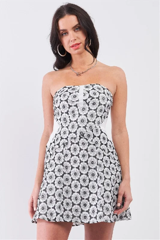 White & Black Floral Crochet Sleeveless Strapless Smock Back Detail Mini Dress Classic Solid Mini Dress
