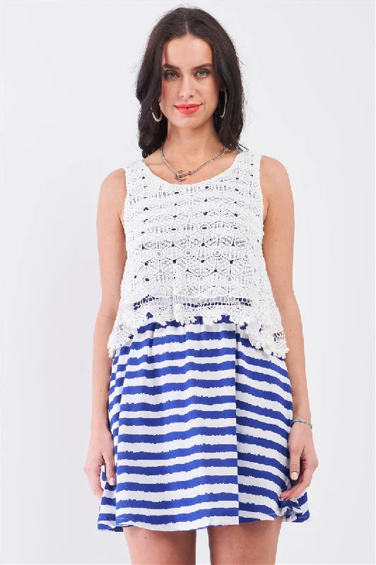 White & Navy Horizontal Striped Round Neck Sleeveless Floral Embroidery Layered Top Mini Dress Modern Satin Mini Dress White & Navy Horizontal Striped Round Neck Sleeveless Floral Embroidery Layered Top Mini Dress Modern Satin Mini Dress