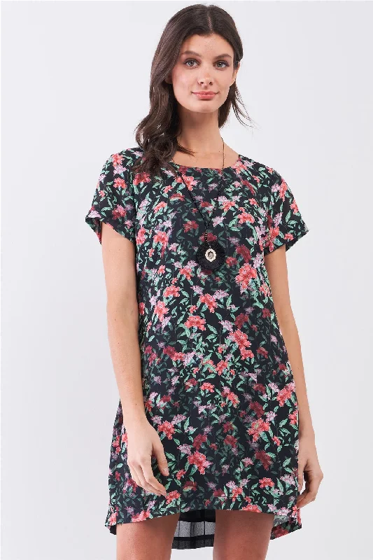 Black Multicolor Floral Print Pleated Back Detail Relaxed Mini Dress Elegant Floral-Print Mini Dress Black Multicolor Floral Print Pleated Back Detail Relaxed Mini Dress Elegant Floral-Print Mini Dress