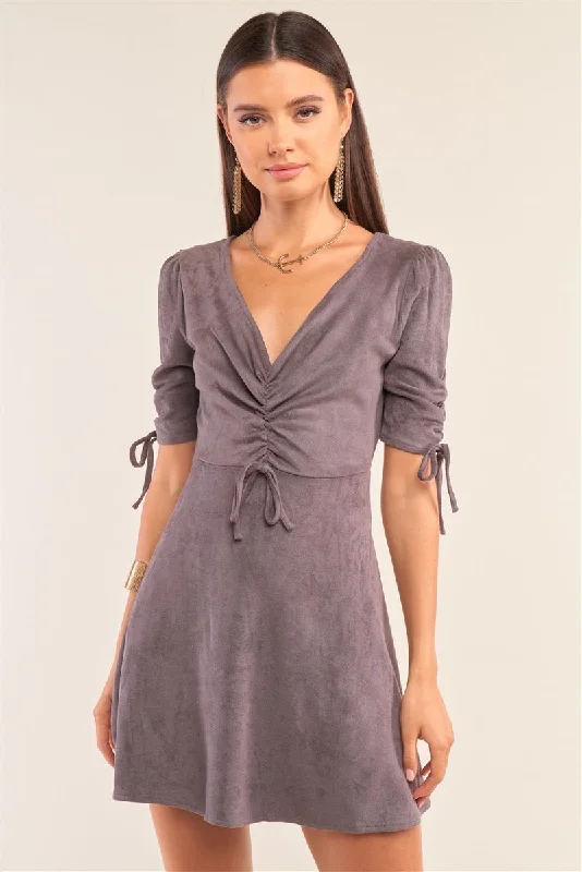 Charcoal Grey Suede Deep Plunge V-neck Gathered Detail Tight Fit Mini Dress Classic Shift Mini Dress Charcoal Grey Suede Deep Plunge V-neck Gathered Detail Tight Fit Mini Dress Classic Shift Mini Dress