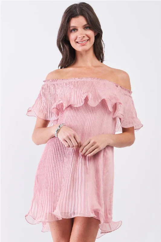 Pink Pleated Off-the-shoulder Double Layered Frill Trim Mini Dress Comfortable Shift Mini Dress