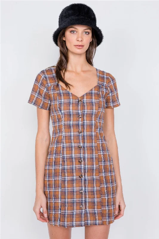 Brown Multi Checkered Stripe Casual Open Back Vintage Mini Dress Classic Floral Mini Dress Brown Multi Checkered Stripe Casual Open Back Vintage Mini Dress Classic Floral Mini Dress