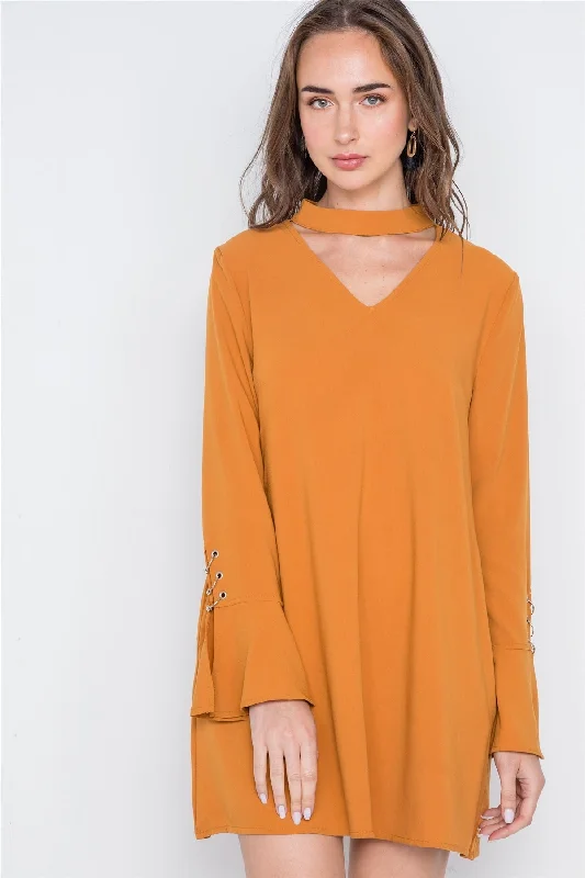 Long Sleeve V-cut Out Solid Mini Dress Fashionable Denim Mini Dress