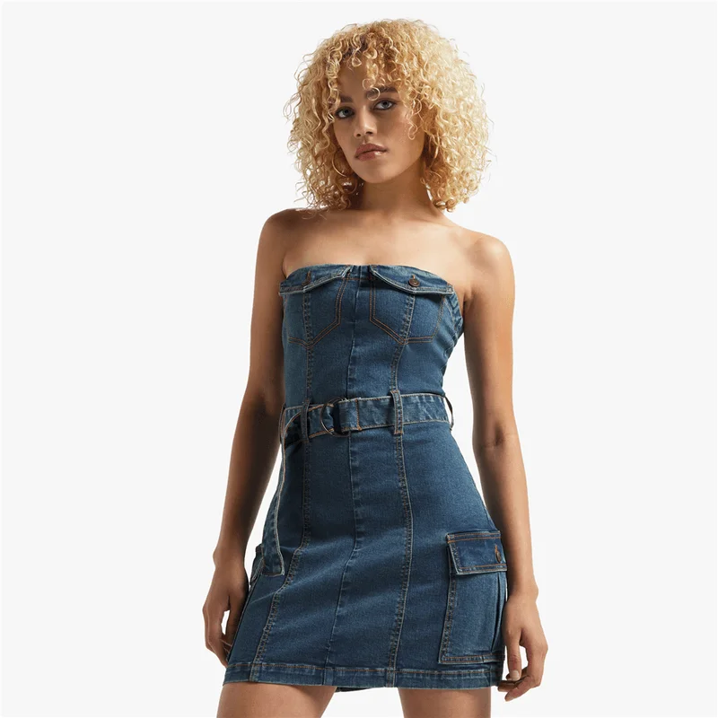 Women's Medium Wash Belted Mini Dress Modern Satin Mini Dress