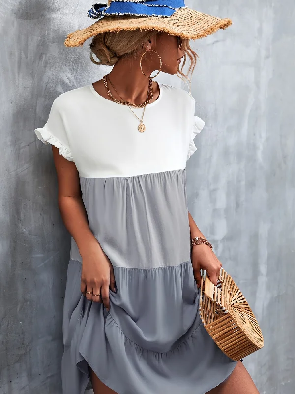 Women's Summer Dress Sleeveless Ruffle Sleeve Round Neck Mini Dress Color Block Loose Short Flowy Pleated Dress Modern Satin Mini Dress Women's Summer Dress Sleeveless Ruffle Sleeve Round Neck Mini Dress Color Block Loose Short Flowy Pleated Dress Modern Satin Mini Dress