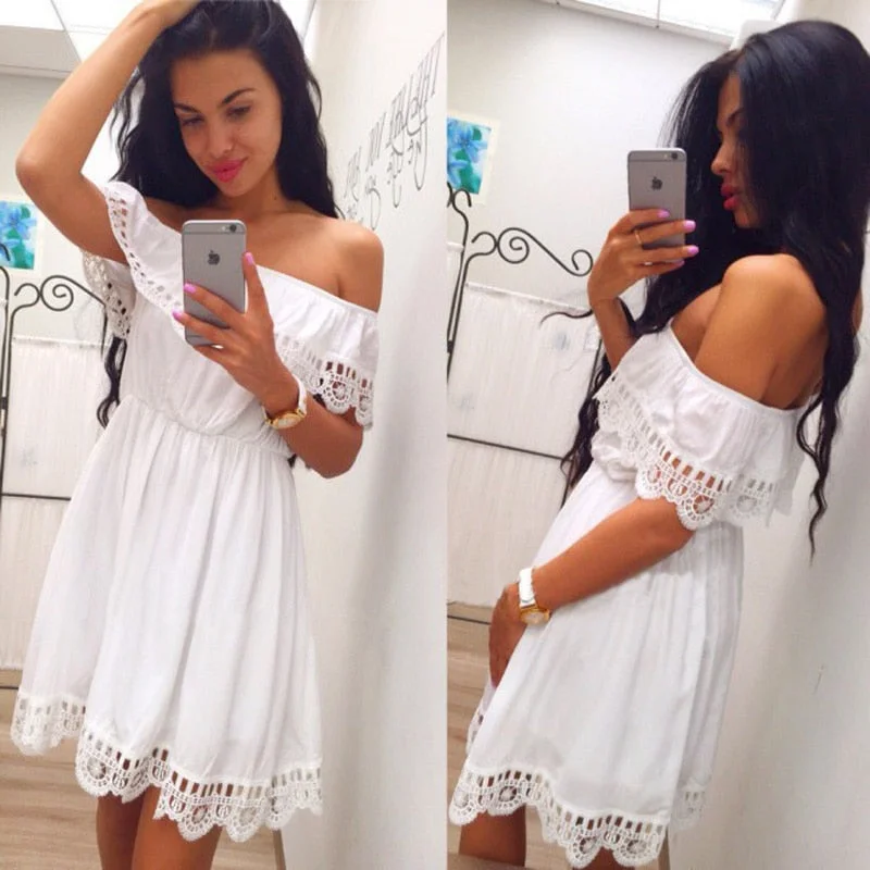 Summer Women White Lace Stitching Dress Off Shoulder Strapless Sexy Dress Slash Neck Mini Dresses Vestido Fashionable Pleated Mini Dress