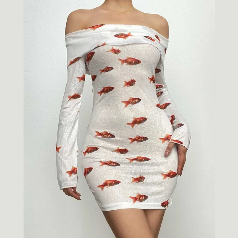 Goldfish print off shoulder long sleeve mini dress Stylish Ribbed Mini Dress