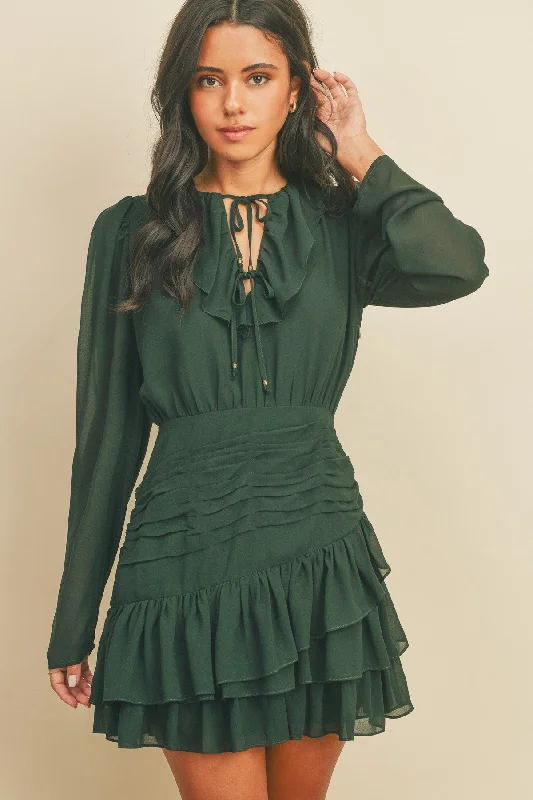 Green Ruffle Ruched Mini Dress Classic Shift Mini Dress