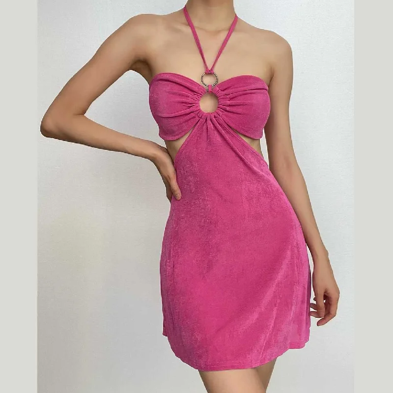 Hollow out solid o ring halter self tie backless cut out mini dress Cozy Ribbed Mini Dress