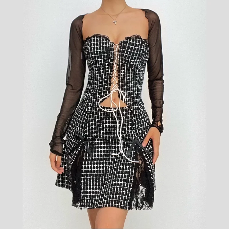 Long sleeve mesh plaid bowknot lace up shrug 2 piece mini dress Stylish Button-Down Mini Dress