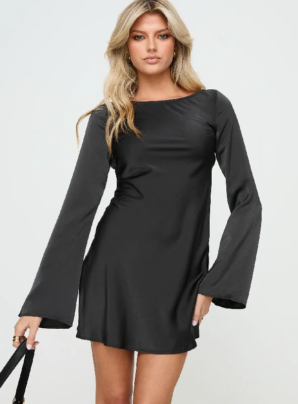 Lukea Long Sleeve Satin Mini Dress Black Comfortable Smocked Mini Dress