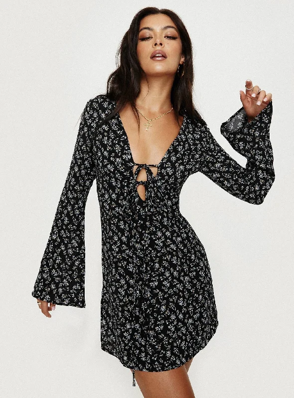 Malop Long Sleeve Mini Dress Black Floral Trendy Tulle Mini Dress