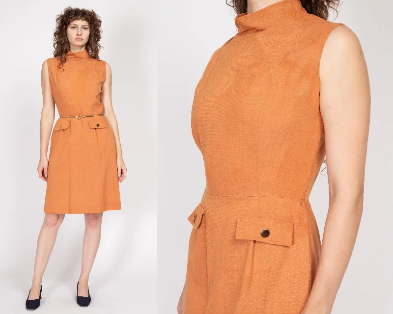 Medium 60s Burnt Orange Mockneck Mini Dress, As Is Comfortable Zip-Up Mini Dress