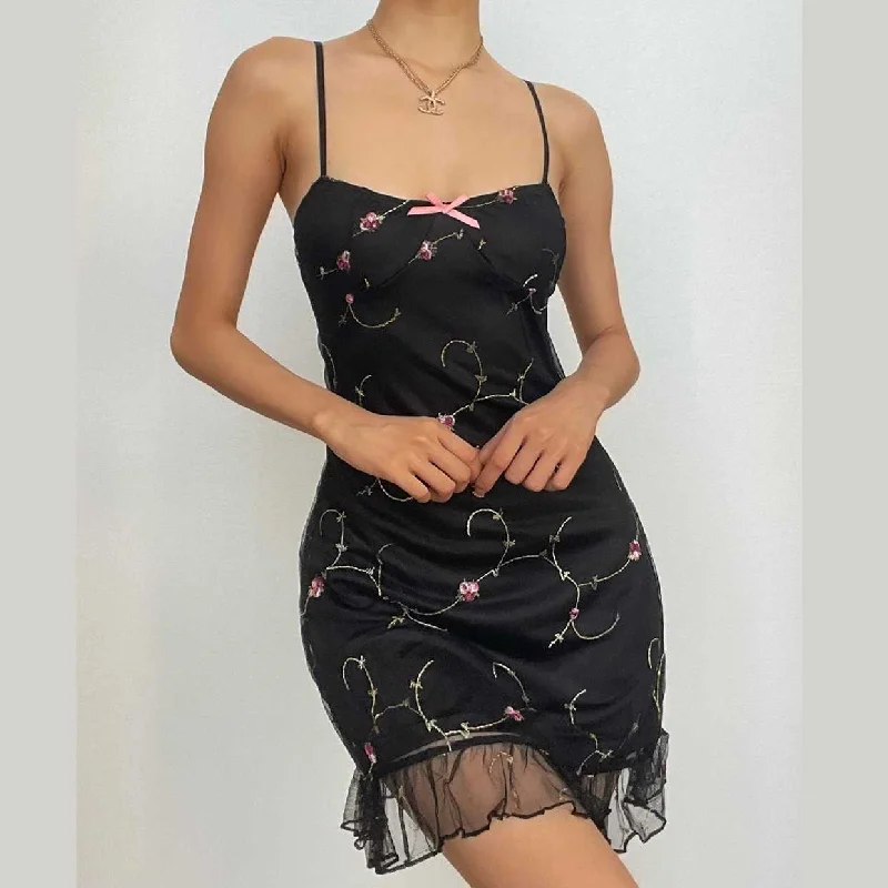 Mesh ruffle backless flower embroidery contrast cami mini dress Elegant Silk Mini Dress