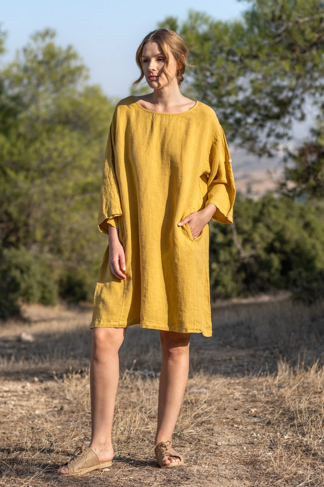 Linen Oversized Mini Dress Mustard Trendy Cut-Out Mini Dress