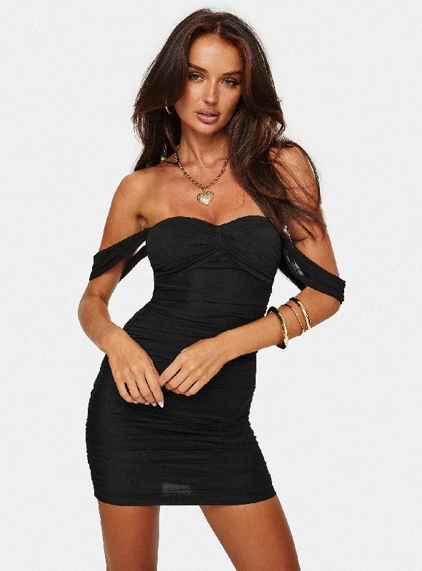 Mylee Off The Shoulder Mini Dress Black Comfortable Smocked Mini Dress