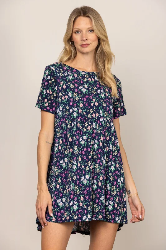 NAVY DITSY FLORAL BABYDOLL SHORT SLEEVES MINI DRESS D5105 Comfortable Boho Mini Dress