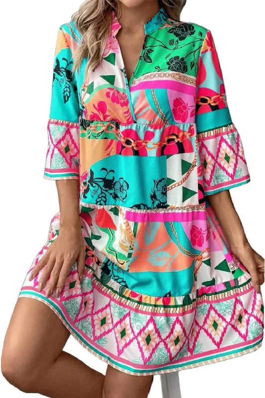 Printed Surplice Half Sleeve Mini Dress Trendy Mesh Mini Dress