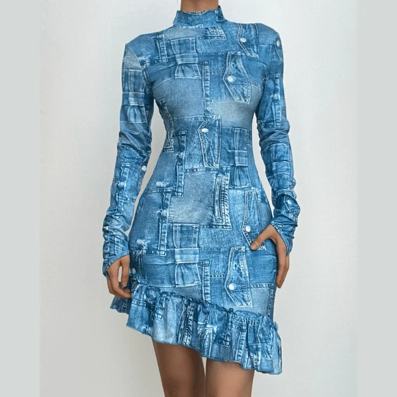 Ruffle long sleeve denim print backless high neck mini dress Cozy Satin Mini Dress