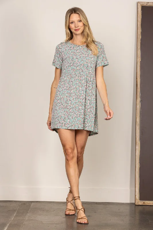 SAGE DITSY FLORAL BABYDOLL SHORT SLEEVES MINI DRESS D5105 Cozy A-Line Mini Dress