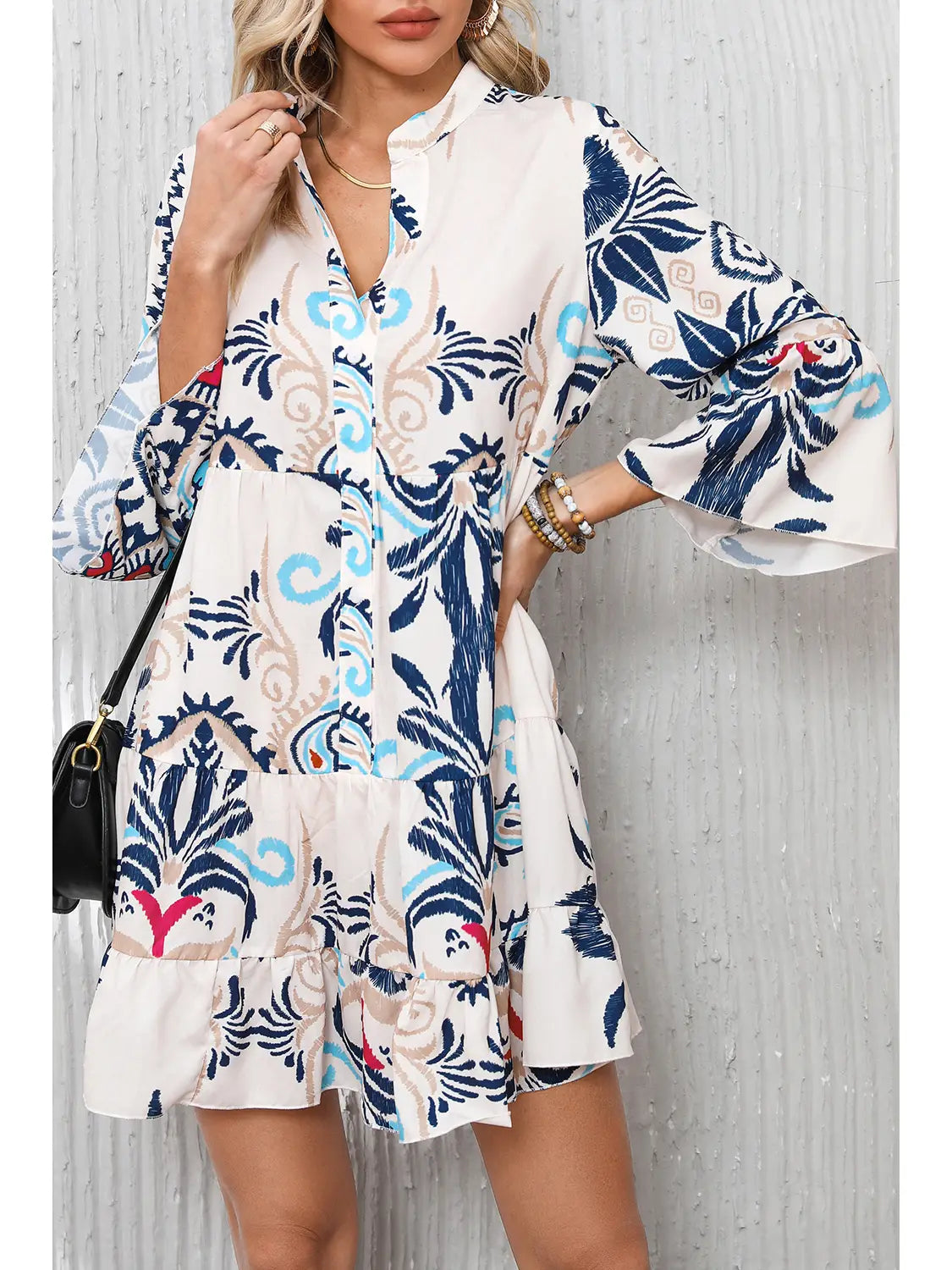 Scrolling Print Flare Sleeve Mini Dress Elegant Satin Lace Mini Dress