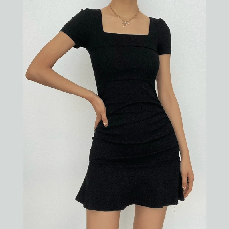 Solid ribbed ruched square neck ruffle short sleeve mini dress Casual V-Neck Mini Dress