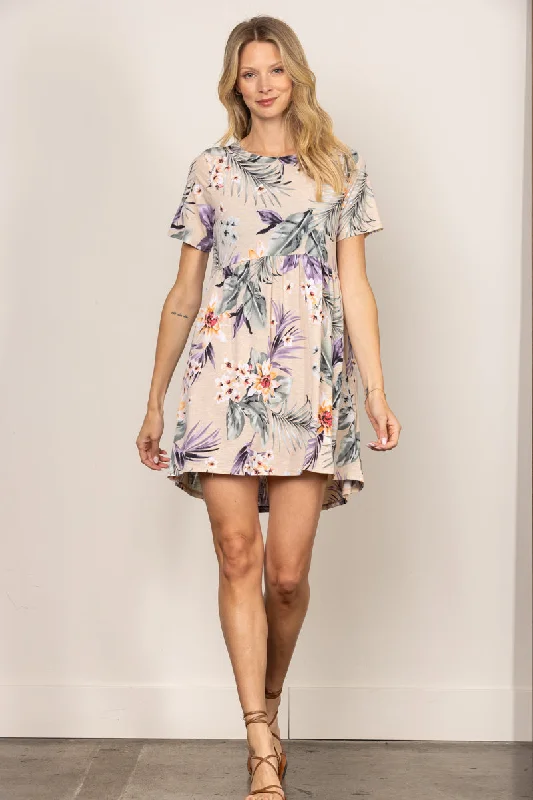 TAUPE TROPICAL PRINT BABYDOLL SHORT SLEEVES MINI DRESS D5105 Fashionable Summer Mini Dress