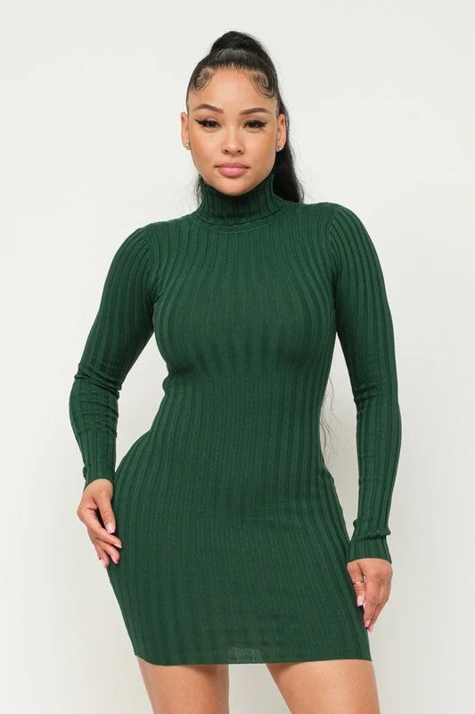 Turtle Neck Ribbed Mini Dress Stylish Sweetheart Mini Dress