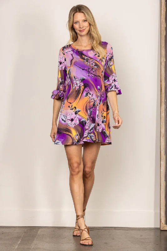 VIOLET FLORAL PRINT RUFFLED 3/4 SLEEVES SWING MINI DRESS VC3478-C Modern Satin Mini Dress